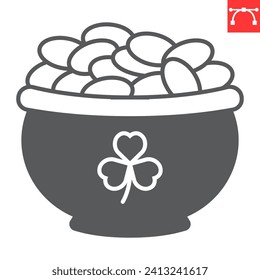 Pot of gold glyph icon, St. Patrick's Day and holiday, cauldron with coin vector icon, vector graphics, editable stroke solid sign, eps 10.