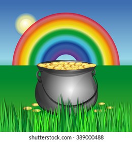 Pot of gold in the grass on the green lawn on the background of the rainbow. Magic pot with leprechaun gold coins. Vector colorful illustration for St. Patrick's Day.