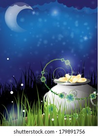 Pot of gold in the grass. St. Patrick's Day night background