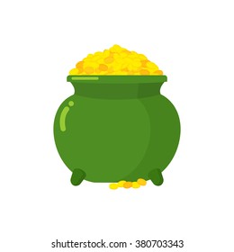 Pot of gold. Green big mythical pot with full gold coins. Lot of money in pot. Bunch Of Cash fairy Elf. Gold St. Patrick's day. Leprechaun treasure 