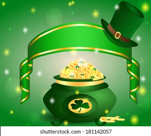 pot of gold green tapes over it and a hat symbol St. Patrick