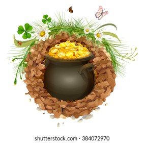 Pot of gold in ground. Hidden treasure. Isolated on white vector illustration