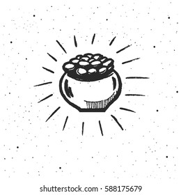 Pot of gold for Happy Patrick's Day. Hand drawn vector illustration, greeting card, design, logo.