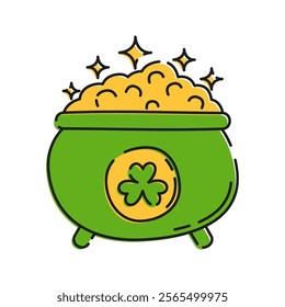 Pot of Gold Illustration, A pot overflowing with gold coins and a shamrock Illustration, referencing leprechaun myths.