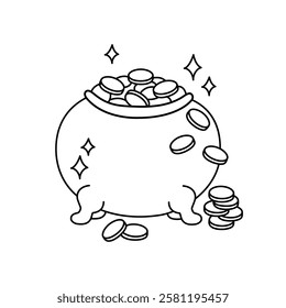 Pot of gold isolated. Leprechauns pot full of coins. St Patricks Day symbol. Vector doodle illustration. Irish holiday folklore object. Patricks Day March 17 design element.