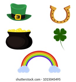 Pot of gold, leprechaun hat, horseshoe, four leaf clover and rainbow. Set of symbol for St. Patrick's Day. Isolated on white background. Vector illustration.