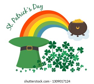 Pot with gold, leprechaun hat and rainbow. Saint Patrick's Day concept. Vector illustration.