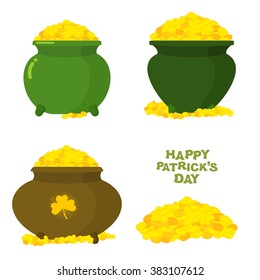 Pot of gold of leprechaun. Treasures of mythical irish dwarf. Wealth of golden coins. Happy St. Patricks day in Ireland 