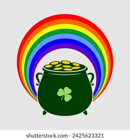 Pot of gold at magic rainbow background. Symbol of St.Patrick's Day, Irish holiday