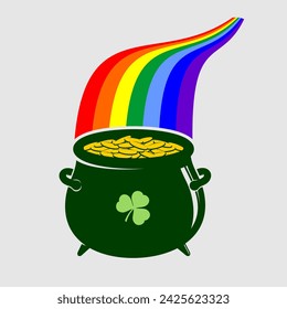 Pot of gold at magic rainbow background. Symbol of St.Patrick's Day, Irish holiday