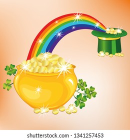 Pot of gold, magic rainbow, hat, clover, beautiful background.