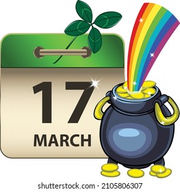 Pot of gold nearby calendar with four leaf clover. St Patrick Day. Vector image