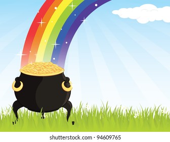 Pot of gold on the grass with a rainbow .