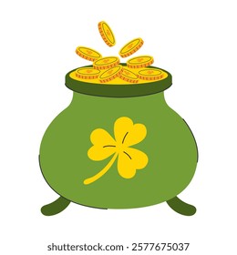 Pot of gold overflowing with coins, decorated with a shamrock, a symbol of St. Patrick's Day and good luck. Vector illustration. 