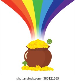 Pot of gold and Rainbow. Magical leprechaun treasure. Clover and gold coins. Illustration of   feast of St. Patrick in Ireland