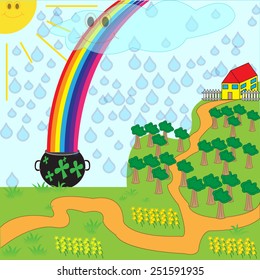 Pot of gold with rainbow on meadow. Vector 