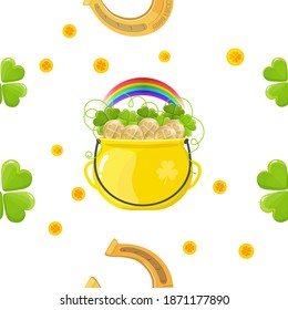 Pot of gold, rainbow over pot, four-leaf clover, Golden horseshoes, gold coins. St. Patrick's day-the concept of a fun time. vector seamless pattern background