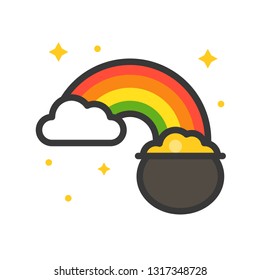 Pot of gold with rainbow vector, Feast of Saint Patrick filled style icon editable outline