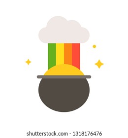 Pot of gold with rainbow vector, Feast of Saint Patrick flat style icon