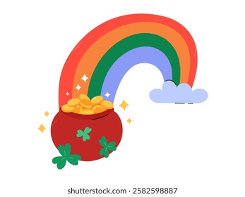 Pot of gold and rainbow vector illustration. Leprechauns pot full of lucky golden coins. St Patricks Day symbol. Irish holiday folklore object. Patricks Day March 17 design element.