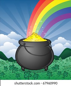 Pot of Gold in a Shamrock Field Cartoon