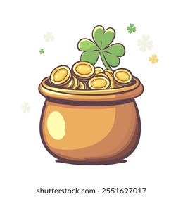 Pot of Gold with Shamrock for St. Patrick's Day. Golden Treasure with Lucky Clover Illustration