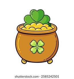 Pot of Gold with Shamrock for St. Patrick's Day. Golden Treasure with Lucky Clover . Vector illustration on with a white background