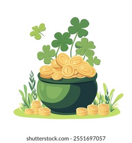 Pot of Gold with Shamrocks for St. Patrick's Day. Lucky Clover and Gold Coins Illustration