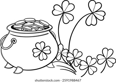 A pot of gold with shamrocks surrounding it, designed coloring book page for kids