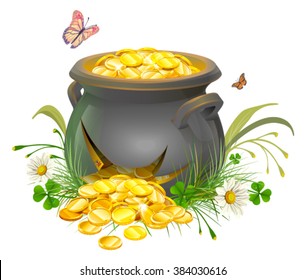 Pot with gold split. Isolated on white illustration