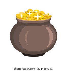 A pot of gold for St. Patrick's Day in a flat, cartoon style. Gold and glitter coins in leprechaun pot, Irish holiday paraphernalia. Vector illustration isolated on white background