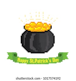 pot of gold. St.Patrick 's Day greteeng card. Pixel art. Old school computer graphic style. Games elements.