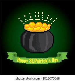 pot of gold. St.Patrick 's Day greteeng card. Pixel art. Old school computer graphic style. Games elements.