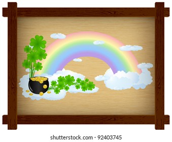 Pot of gold under rainbow in scratched wooden frame