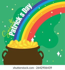 Pot of gold under rainbow. Vector illustration