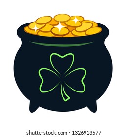 Pot of gold vector cartoon illustration. Black pot filled with sparkling golden coins, with shamrock clover sign on side. Irish, St. Patrick's Day celebration theme design element isolated on white.