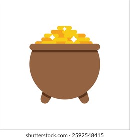 Pot of gold vector icon. Flat illustration of leprechaun pot full of golden coins. Irish mythology, St Patricks Day concept.