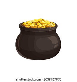 Pot with gold vector icon, leprechaun treasure, cauldron with golden coins, money isolated on white background. Irish st. Patricks Day cartoon isolated symbol