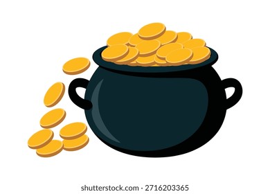 Olla de Ilustración vectorial de oro con numerosas monedas de oro derramándose de un caldero oscuro que simboliza la riqueza y la prosperidad