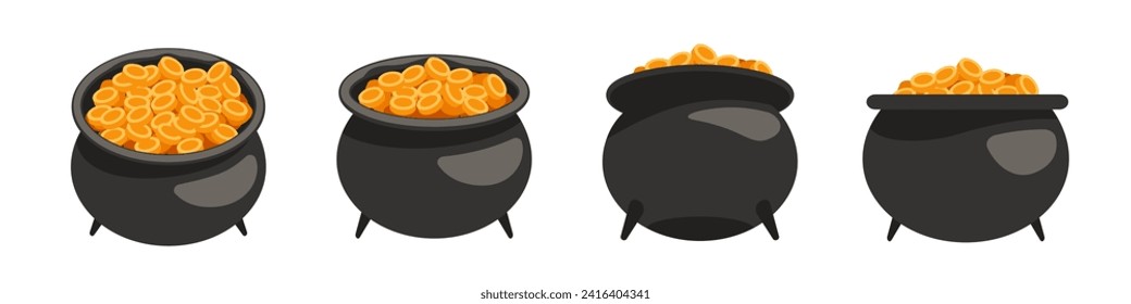 Pot of gold vector. St Patrick cauldron with coins. Saint Patrick Day.