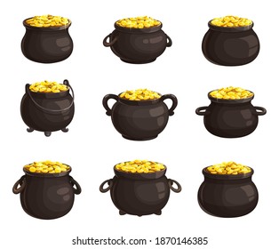 Pot of golden coins isolated vector icons of St. Patricks Day. Cartoon different cauldrons full of golden coins. Leprechaun treasury, Patricks Day holiday symbols. Iron pots with handles