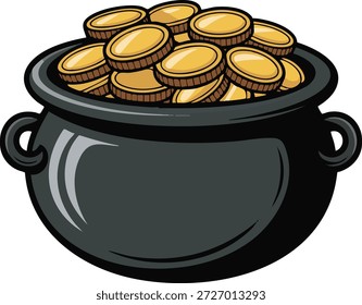 Pote de moedas douradas ícones vetoriais isolados do Dia de St. Patricks. Desenhos animados diferentes caldeirões cheios de moedas de ouro. Tesouro de Leprechaun, símbolos de feriado Patricks Day. Vasos de ferro com pegas