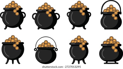 Olla de monedas de oro aislados iconos vectoriales del día de San Patricio. Dibujos animados diferentes calderos llenos de monedas de oro. Tesorería de duendes, símbolos de vacaciones del Día de Patricios. Macetas de hierro con asas
