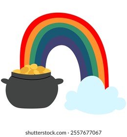 Pot with the golden coins and rainbow. Happy St. Patrick's Day. Ireland Feast day