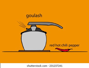 pot of goulash on an orange background