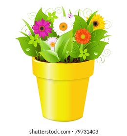 Pot With Grass And Flowers, Isolated On White Background, Vector Illustration