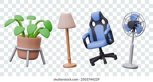 Pot with green plant, gaming chair, floor lamp with lampshade, fan