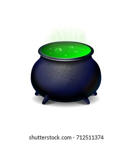 Pot with green poison and blisters, witch beverage boiling mixture vector illustration isolated on white background, symbol of Halloween