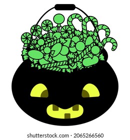 A pot with green sweets. Silhouette. Backlit pumpkin-shaped bucket. Trick or treat. Vector illustration. A basket with sweets. Friendly facial expression. Nice grimace. Isolated white background. 