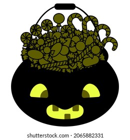 A pot with green sweets. Silhouette. Backlit pumpkin-shaped bucket. Trick or treat. Vector illustration. A basket with sweets. Friendly facial expression. Nice grimace. Isolated white background. 